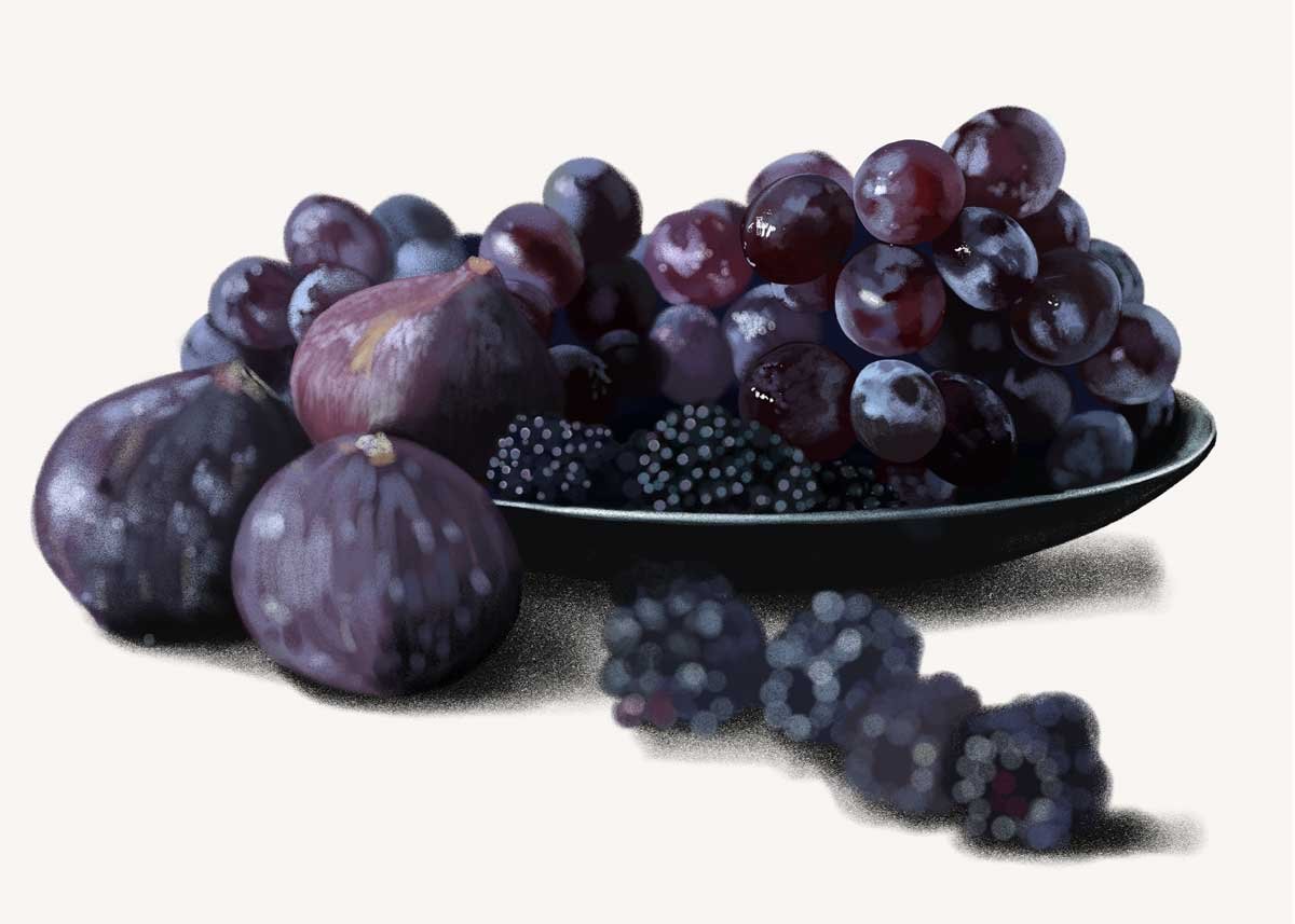 Illustration culinaire au crayon d'une assiette de fruits d'automne : mûres, figues et grappe de raisin