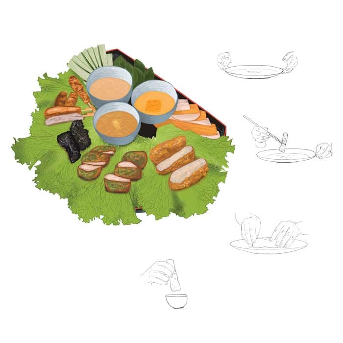 Dessin culinaire pour la carte d'un restaurant : un plat et ses explications au crayon