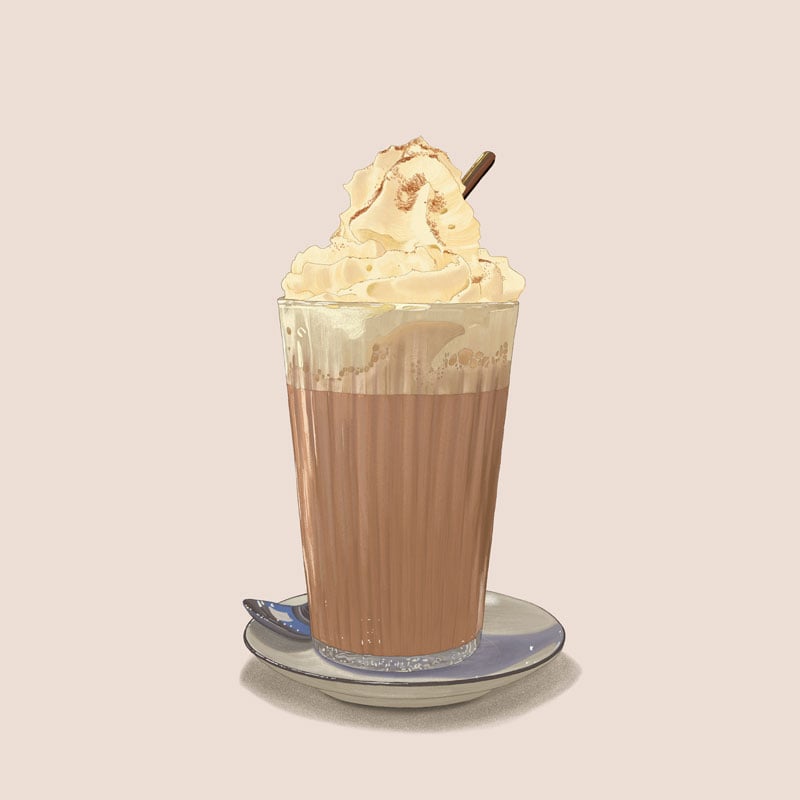 Dessin d'un grand verre de chocolat chaud surmonté de crème chantilly.