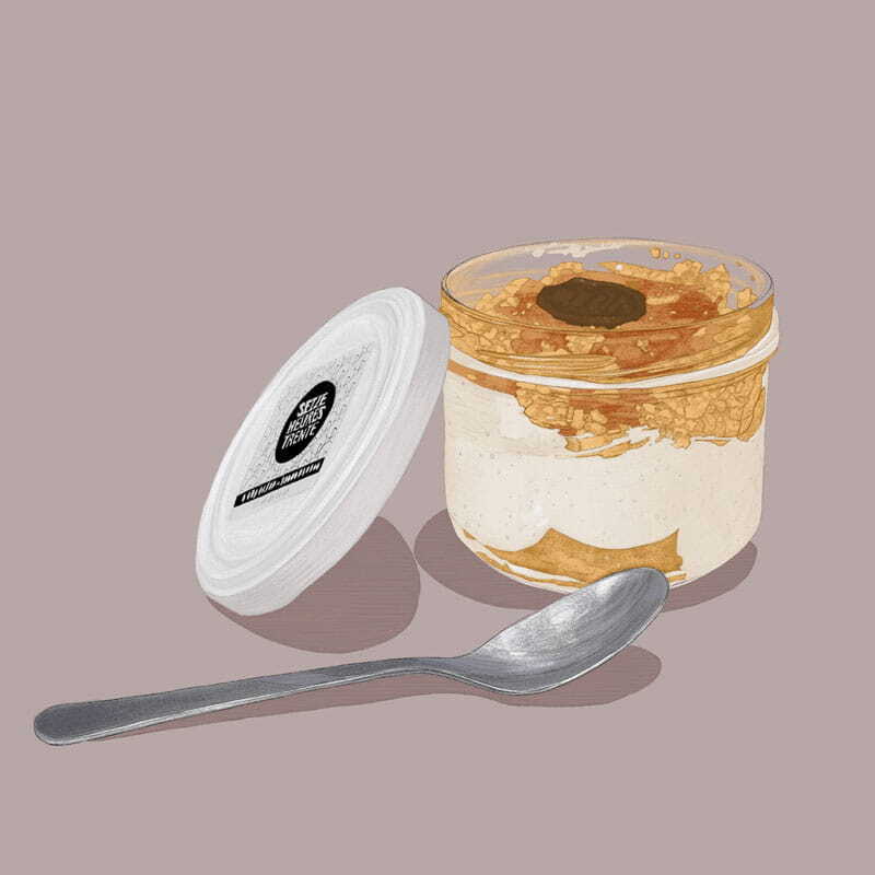 Dessin culinaire d'un bocal avec un dessert de crème et crumble. Style réaliste au crayon.