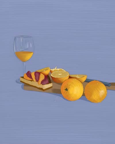 Dessin d'un plateau de gourmandises aux oranges, oranges et verre de jus d'orange