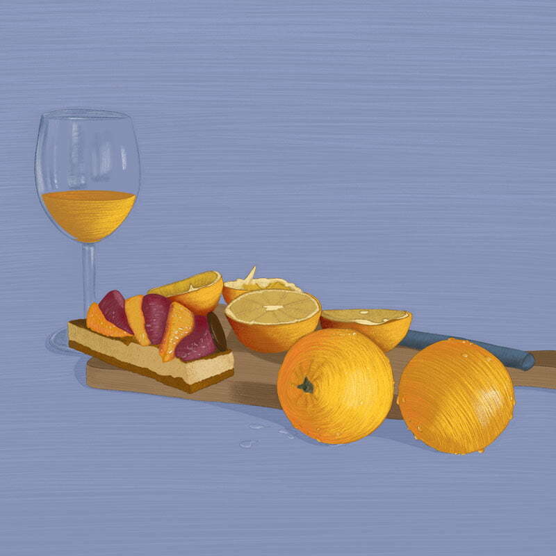 Dessin culinaire réaliste d'un plateau de gourmandises aux oranges, oranges et verre de jus d'orange
