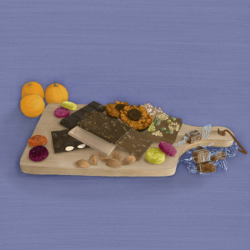 Dessin culinaire réaliste au crayon d'une planche de gourmandises, chocolats, pâtes de fruits, caramels, clémentines