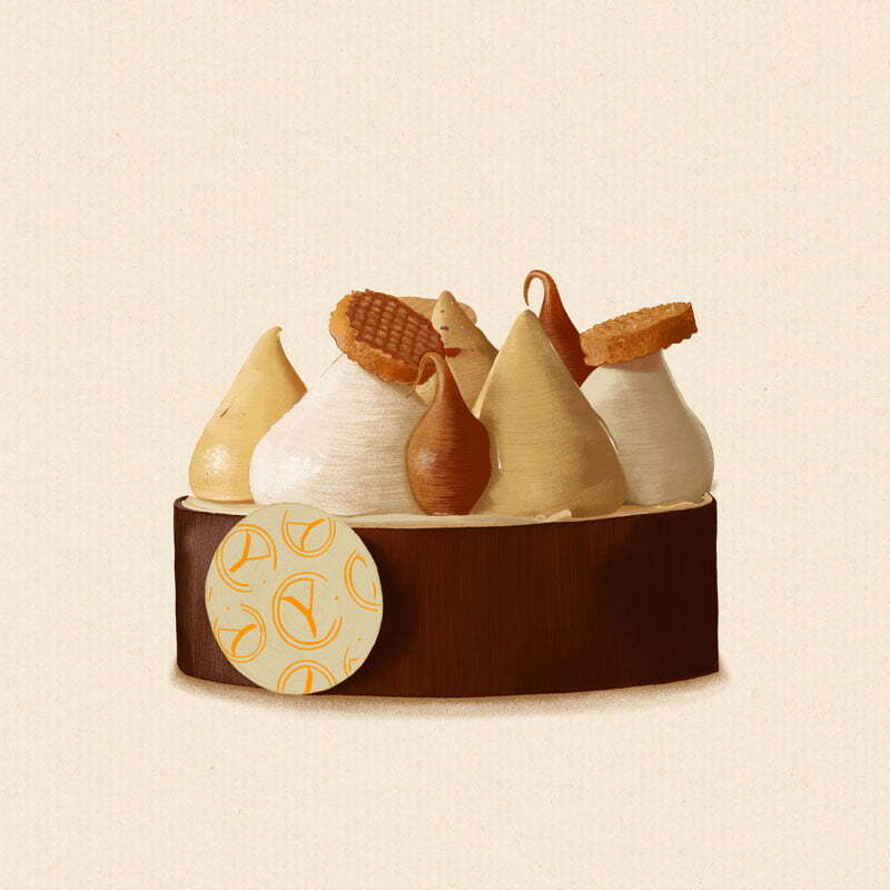 Dessin culinaire réaliste d'une tartelette au caramel. Style au crayon.
