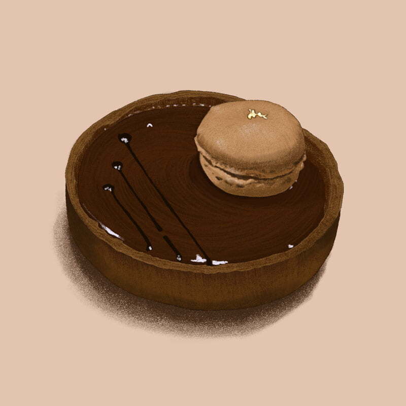 Dessin culinaire réaliste d'une tartelette chocolat caramel. Style au crayon.