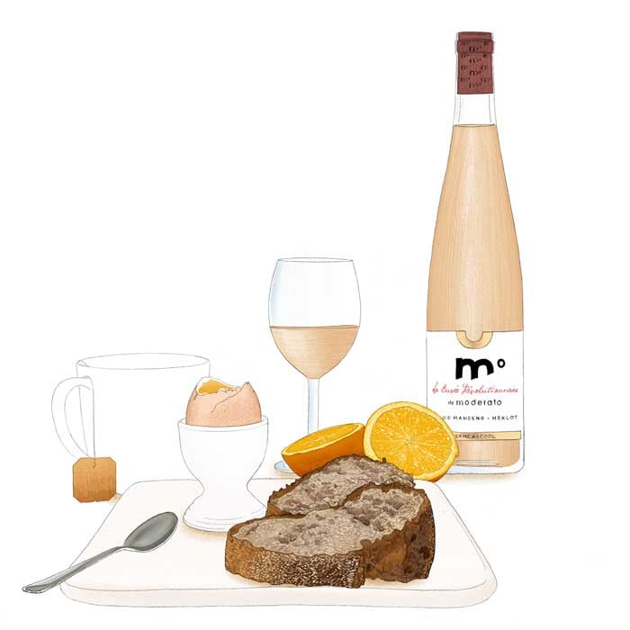 Dessin culinaire pour les vins sans alcool Moderato : illustration au crayon d'un petit-déjeuner avec pain, oeuf, orange et thé