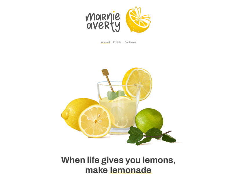 Vue du site de Marnie Averty avec l'illustration culinaire sur mesure de citronnade
