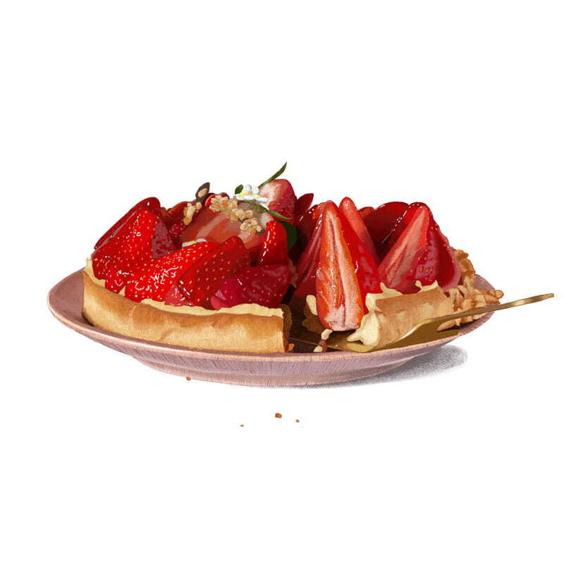 Dessin culinaire réaliste d'une tarte aux fraises avec un style au crayon